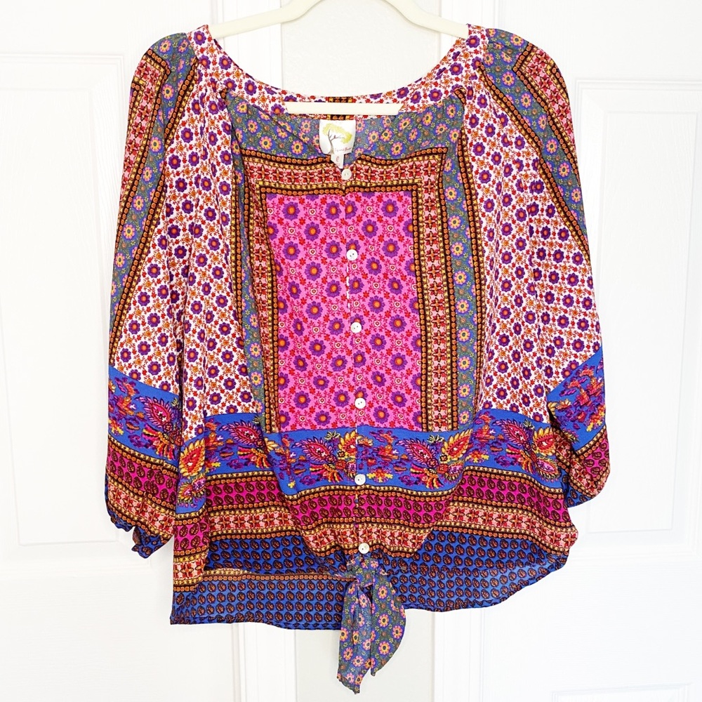 Anthropologie Fig and Flower pink boho print long sleeve button down blouse